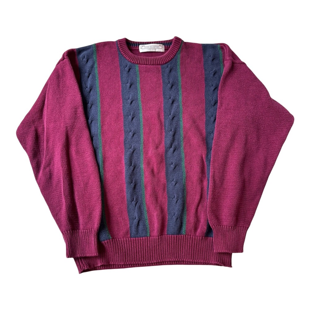 Vintage John Ashford Striped Cotton Sweater M 90s Burgundy Blue Dadcore Knit